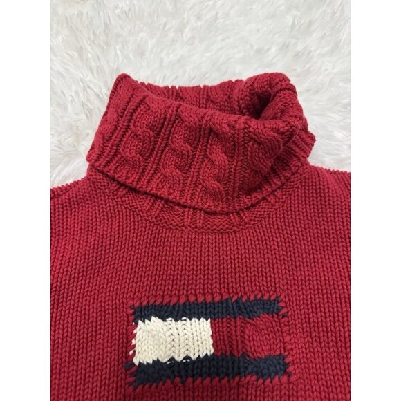 TOMMY HILFIGER VINTAGE Red Chunky Cable Knit Turtleneck Sweater MEDIUM Flag Y2k - Picture 6 of 9